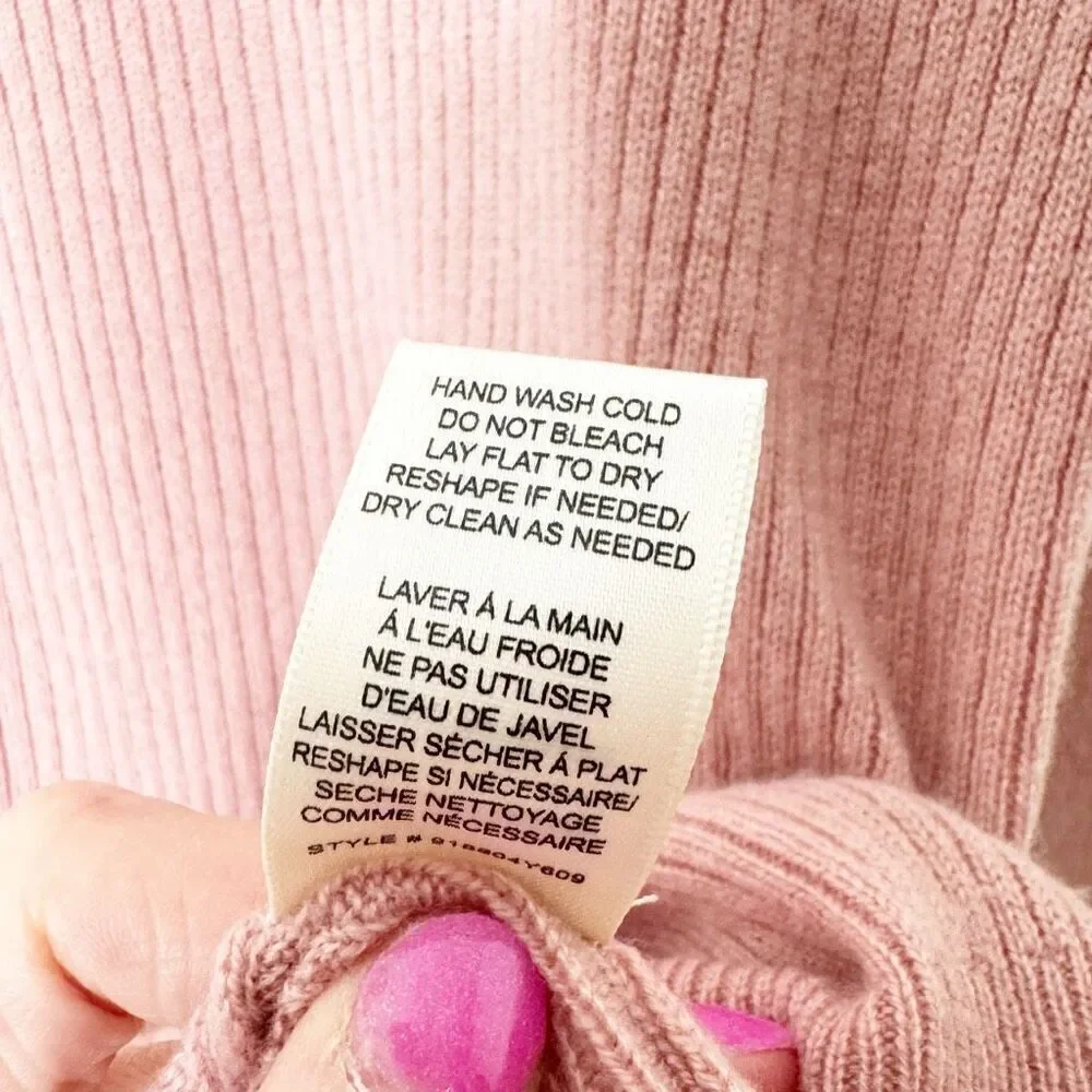REBECCA TAYLOR 100% Cashmere Sweater Crew Neck Puff Sleeve Ribbed Pink Size L